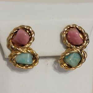 Vintage Swoboda Natural Stone Clip On Earrings Pink Green Gold Tone Nugget